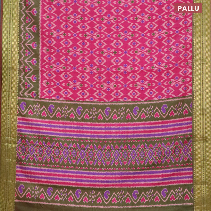 Semi tussar saree pink and dual shade of greenish maroon with allover ikat weaves and zari woven border