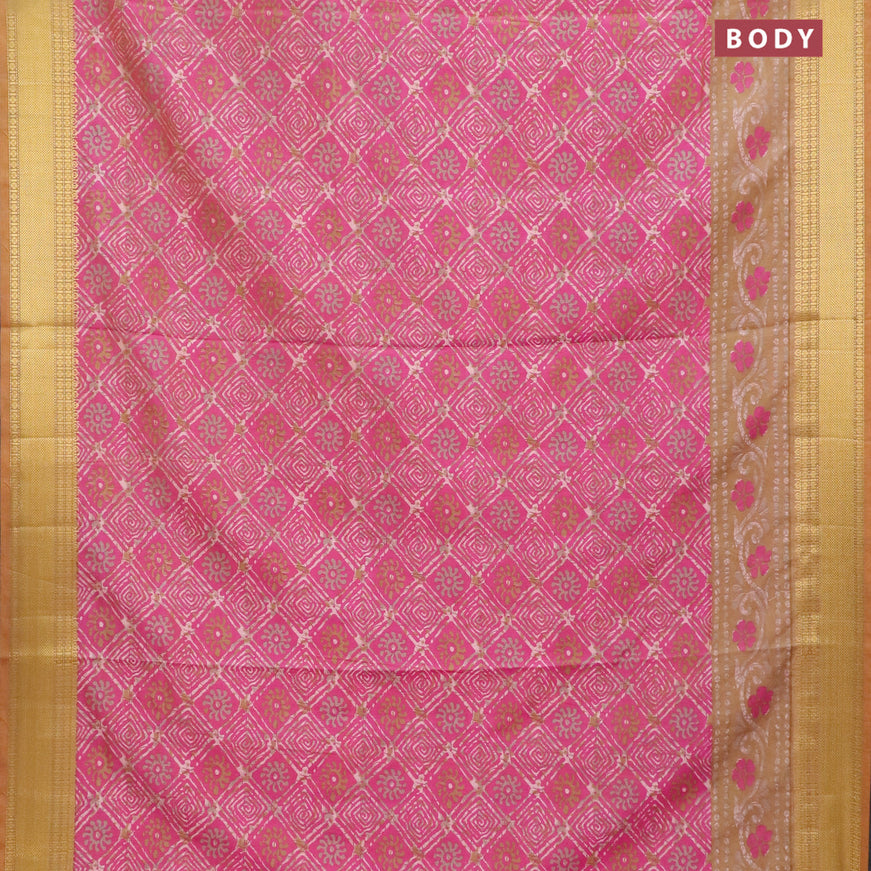 Semi tussar saree pink shade and dark sandal with allover batik weaves and zari woven border