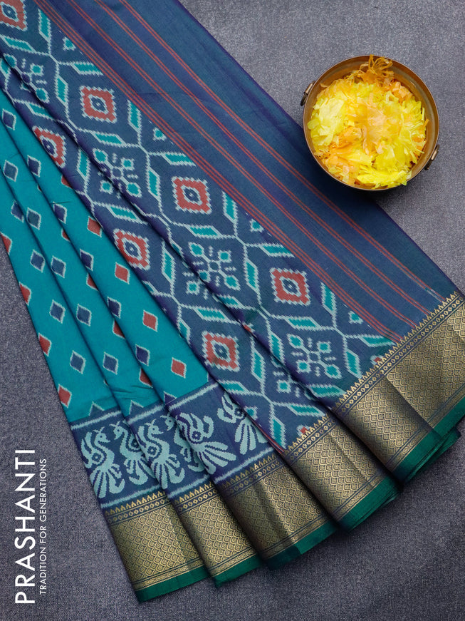 Semi tussar saree teal blue and dual shade of bluish green with allover butta wevaes and zari woven border