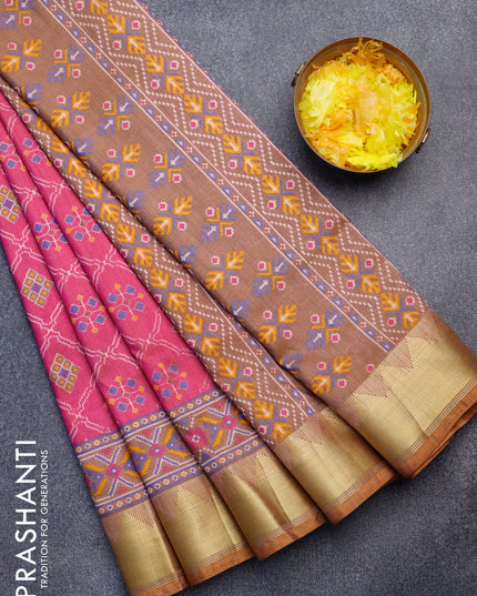 Semi tussar saree pink and brown shade with allover ikat weaves and zari woven border
