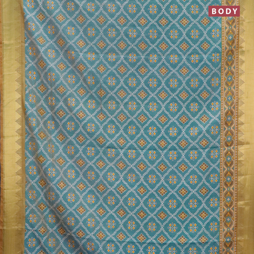 Semi tussar saree dual shade of blue and elaichi green shade with allover ikat weaves and zari woven border