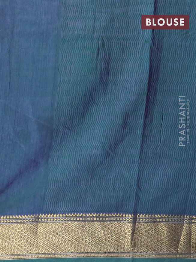 Semi tussar saree teal green and dual shade of blue with allover ikat butta weaves and zari woven border
