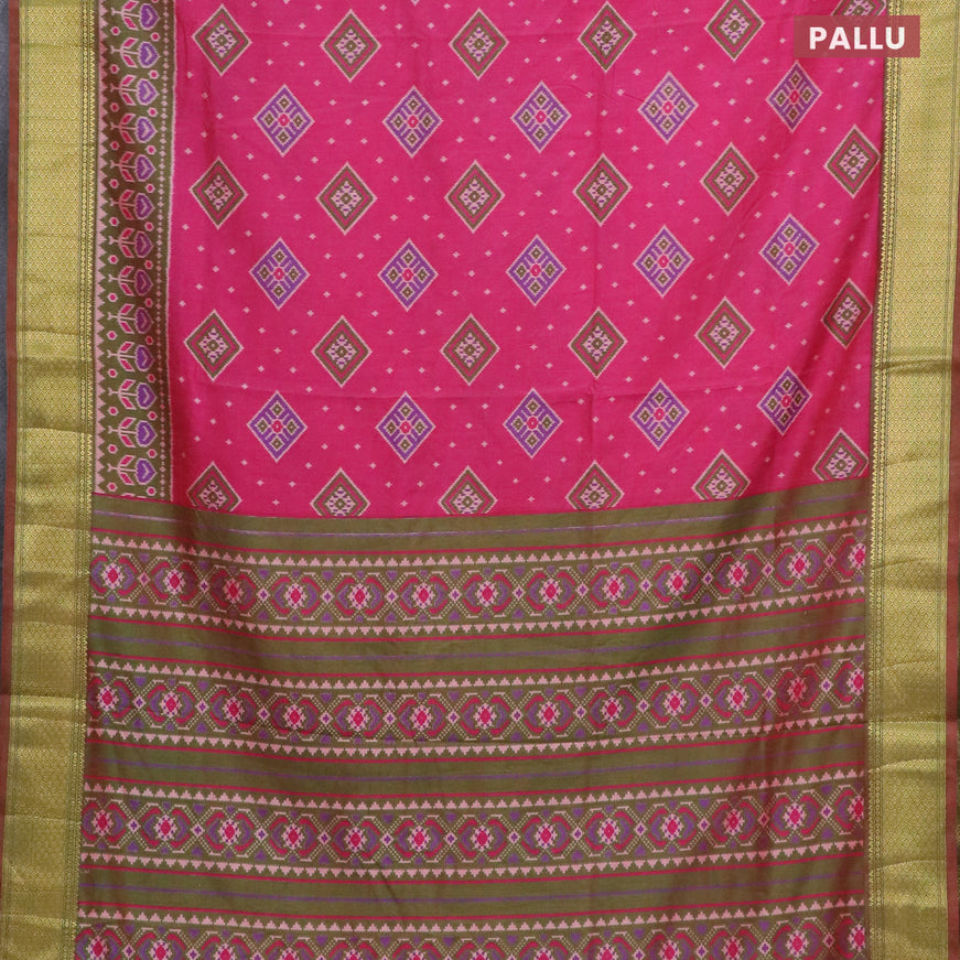 Semi tussar saree pink and dual shade of green with allover ikat butta weaves and zari woven border
