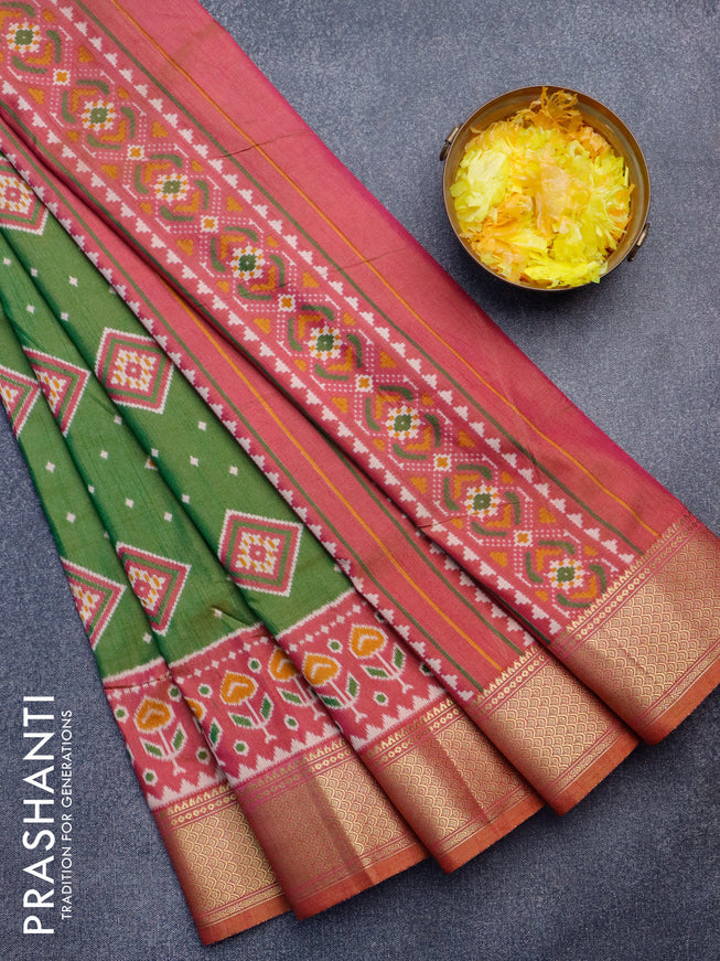 Semi tussar saree dual shade of green and dual shade of pink with allover ikat butta weaves and zari woven border