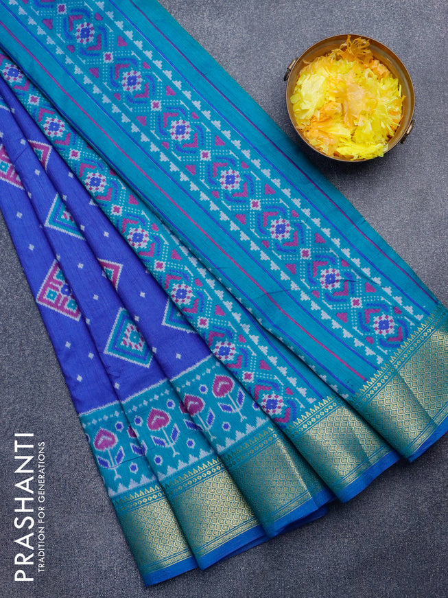 Semi tussar saree blue and dual shade of teal green with allover ikat butta weaves and zari woven border