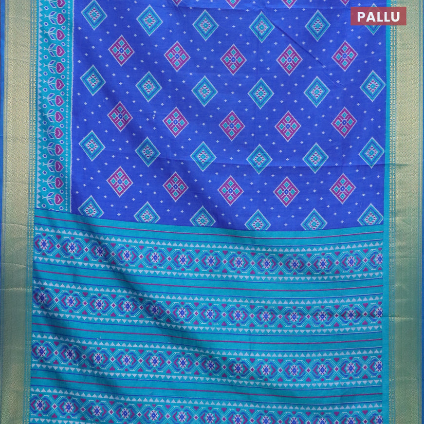Semi tussar saree blue and dual shade of teal green with allover ikat butta weaves and zari woven border