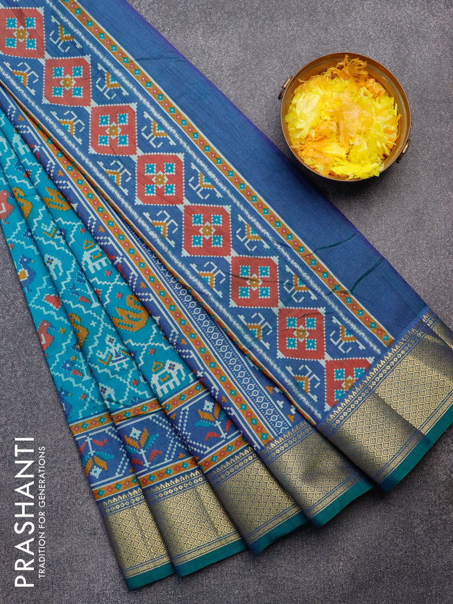 Semi tussar saree teal blue and dual shade of bluish green with allover patola weaves and zari woven border