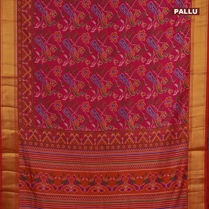 Semi tussar saree pink and orange with allover ikat weaves and ikat woven zari border