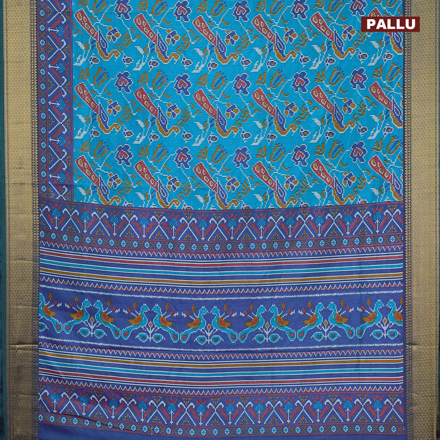 Semi tussar saree teal blue and dual shade of blue with allover ikat weaves and ikat woven zari border