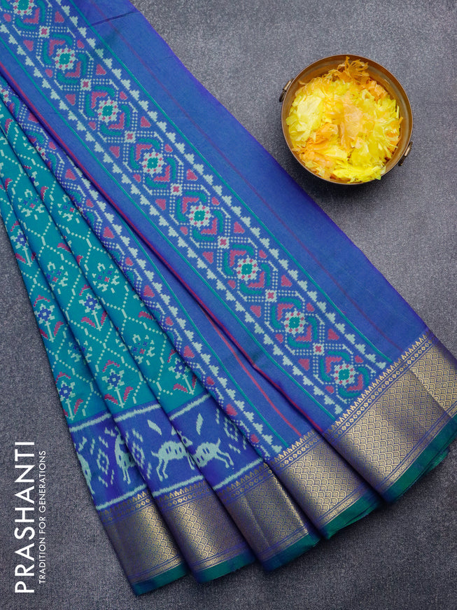Semi tussar saree cs blue and dual shade of blue with allover ikat weaves and ikat woven zari border