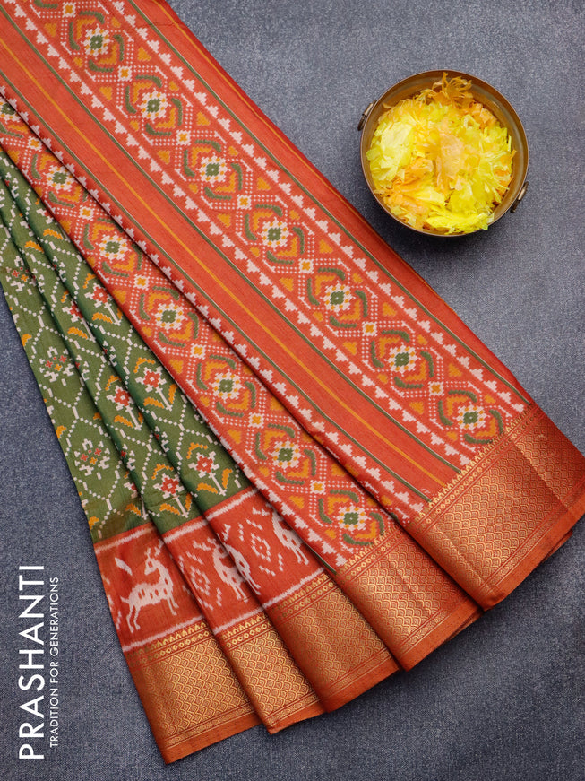 Semi tussar saree green shade and rust shade with allover ikat weaves and ikat woven zari border