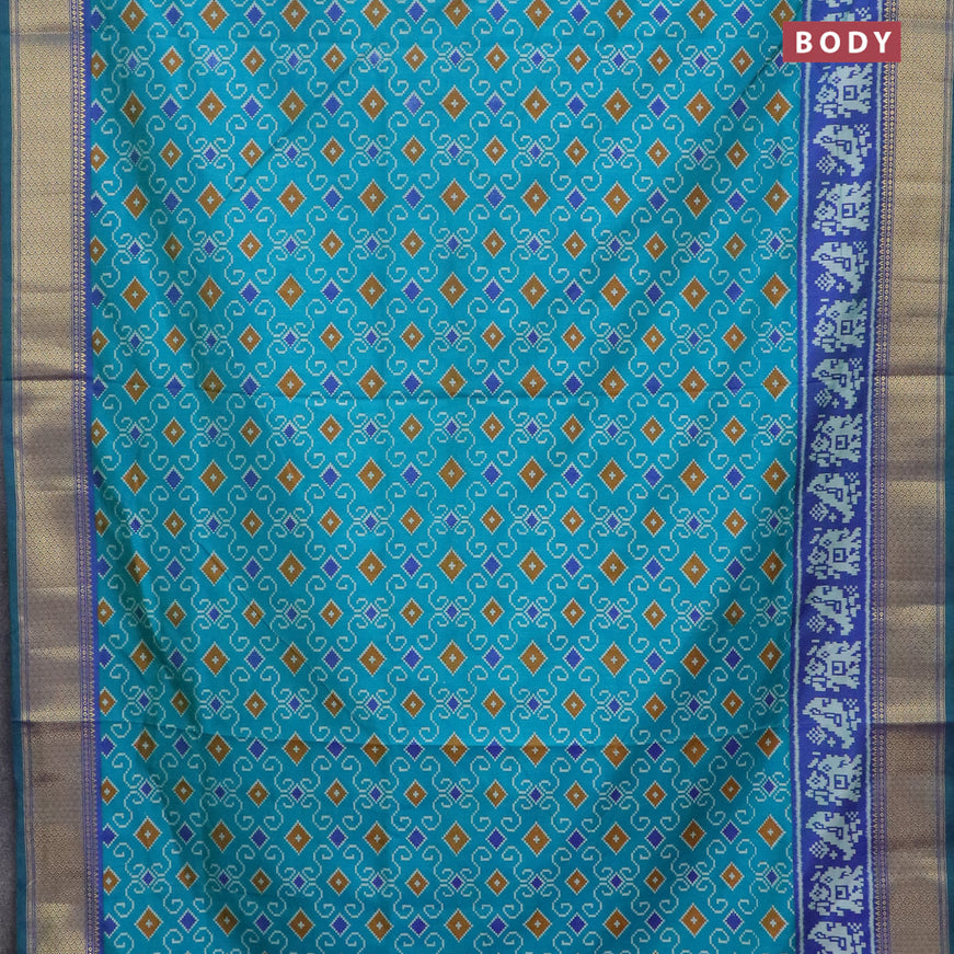 Semi tussar saree teal blue and dual shade of blue with allover ikat weaves and ikat woven zari border