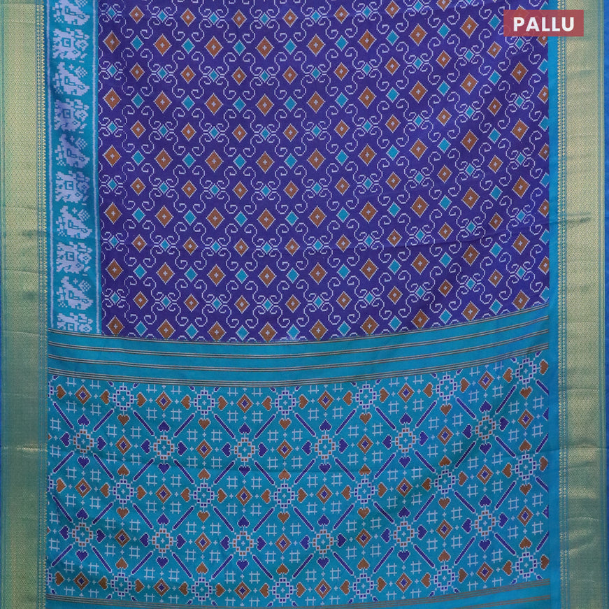 Semi tussar saree blue and teal blue with allover ikat weaves and ikat woven zari border