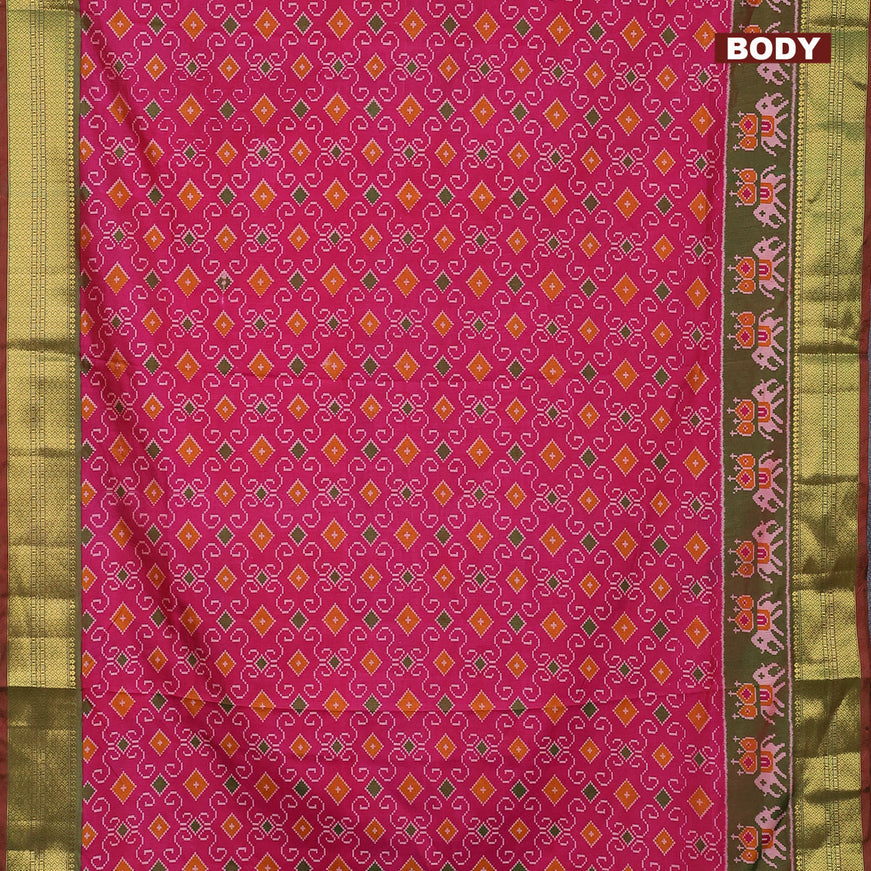 Semi tussar saree pink and dual shade of greenish maroon with allover ikat weaves and ikat woven zari border