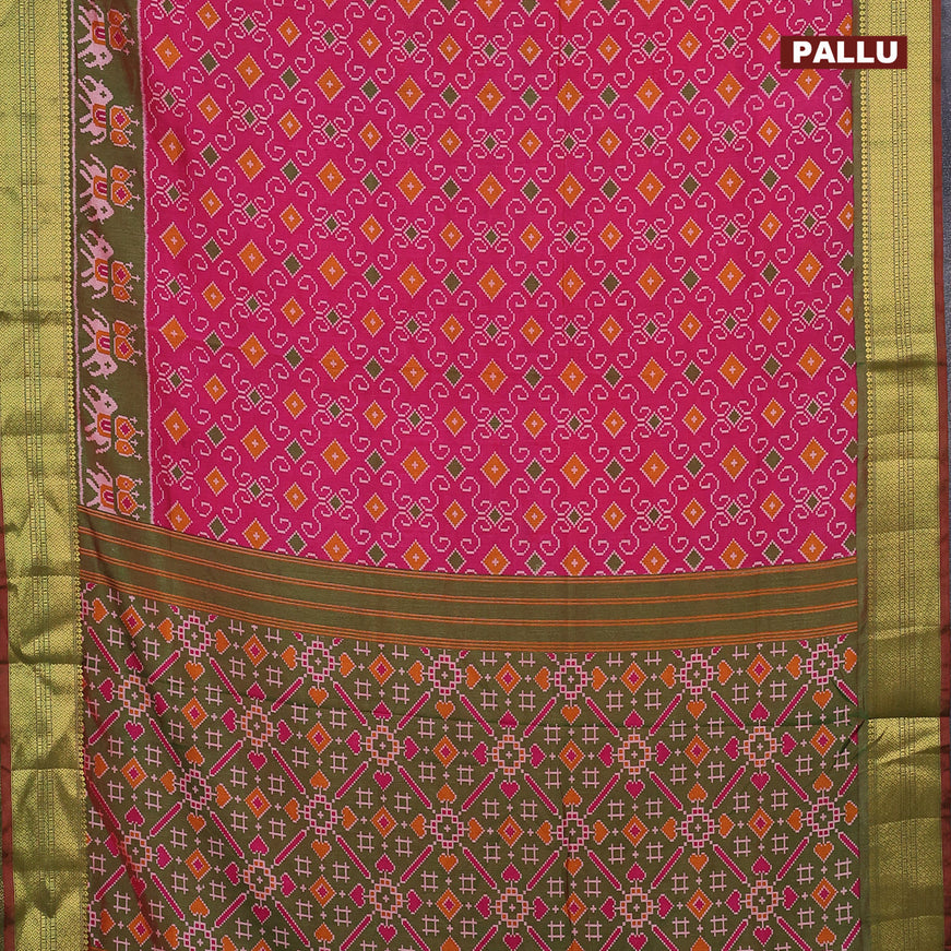 Semi tussar saree pink and dual shade of greenish maroon with allover ikat weaves and ikat woven zari border
