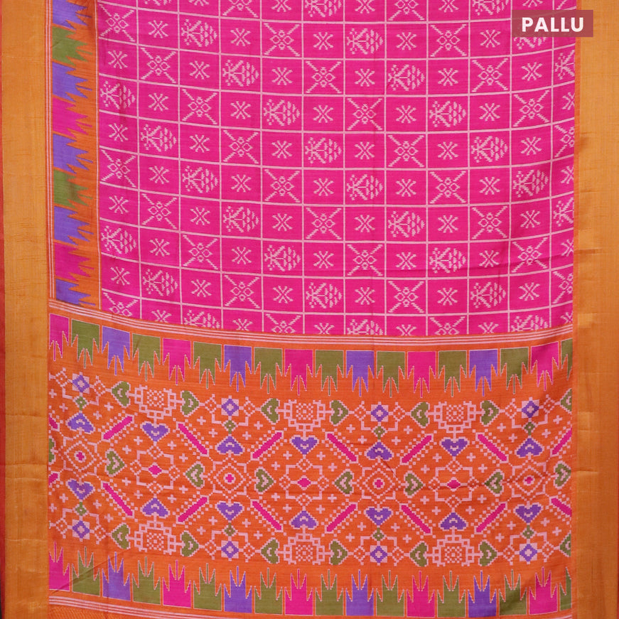 Semi tussar saree pink and dual shade of mustard with allover ikat weaves and temple design zari woven border