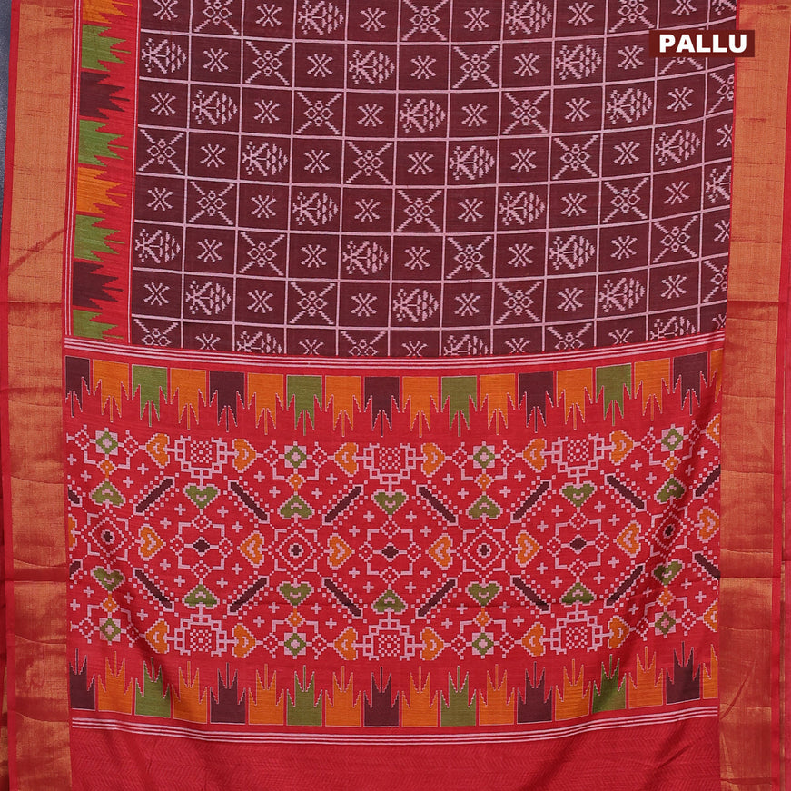 Semi tussar saree deep maroon and red with allover ikat weaves and temple design zari woven border
