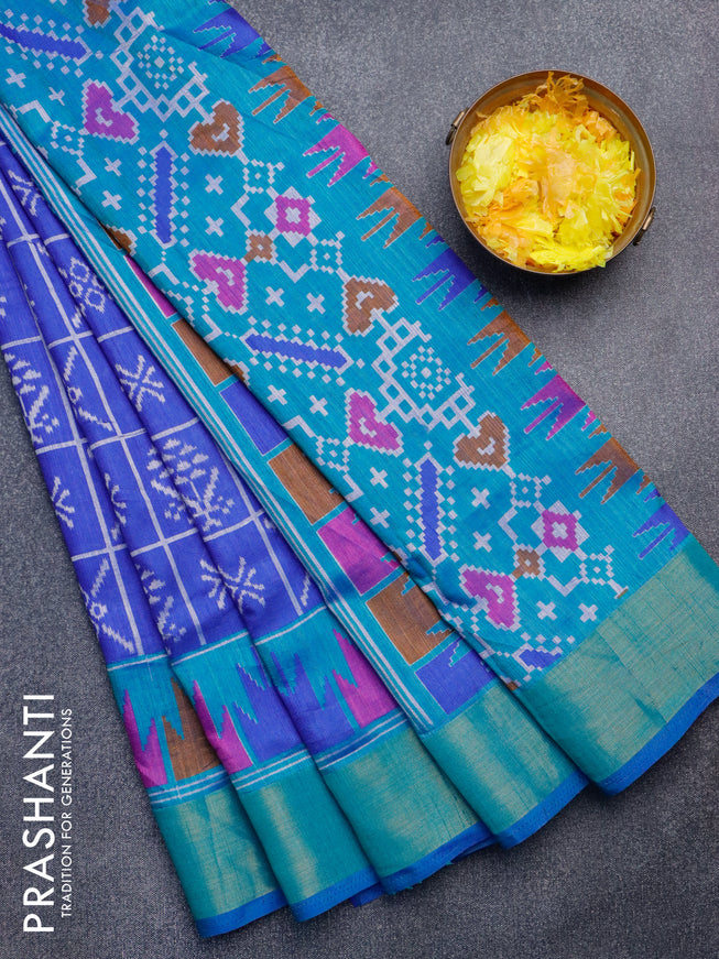 Semi tussar saree blue and dual shade of blue with allover ikat weaves and temple design zari woven border