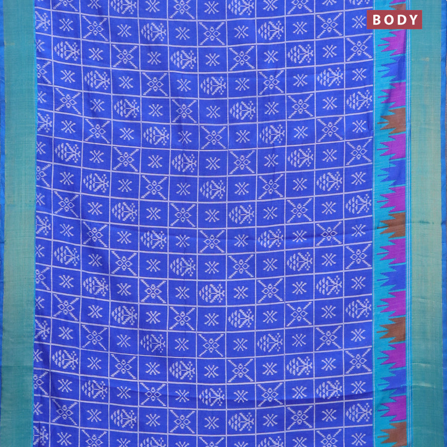 Semi tussar saree blue and dual shade of blue with allover ikat weaves and temple design zari woven border
