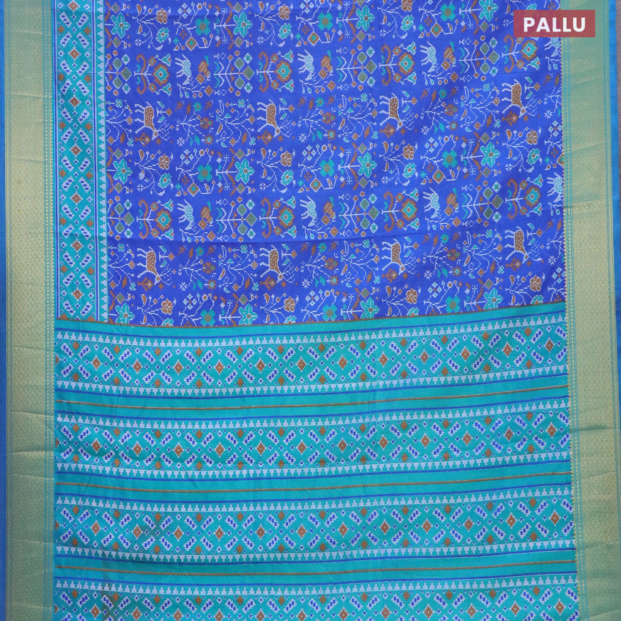 Semi tussar saree blue and dual shade of bluish green with allover ikat weaves and zari woven border