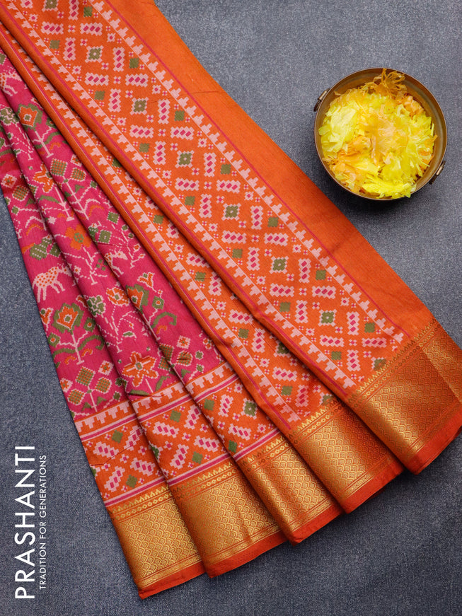 Semi tussar saree pink and rustic orange with allover ikat weaves and zari woven border