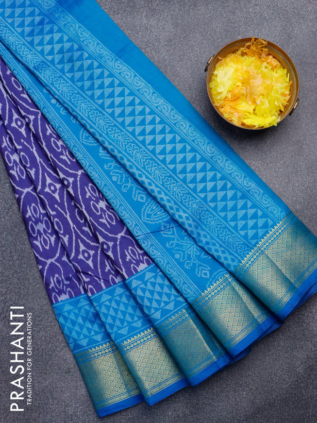 Semi tussar saree blue and dual shade of teal blue with allover ikat weaves and zari woven border