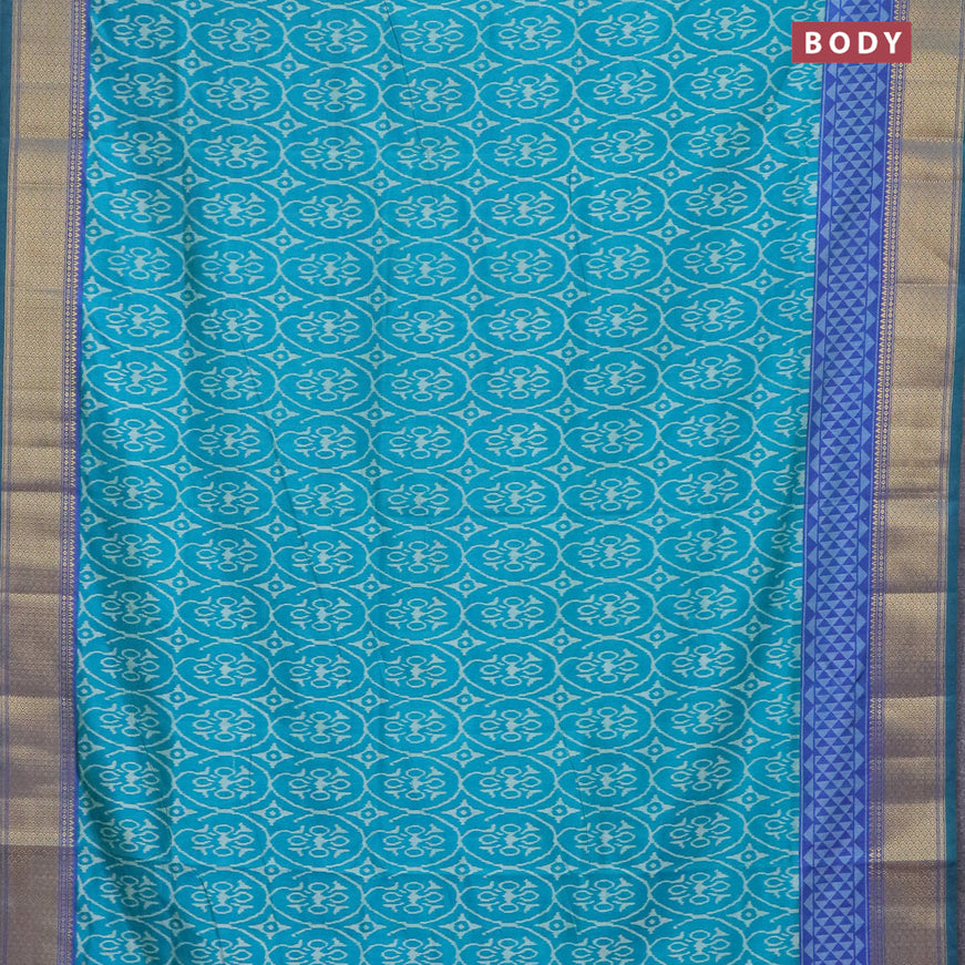 Semi tussar saree teal blue and dual shade of bluish green with allover ikat weaves and zari woven border