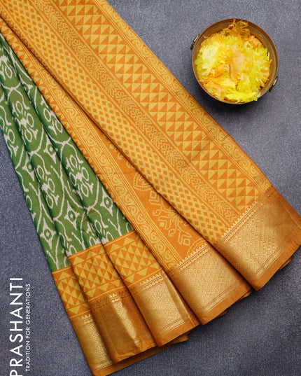 Semi tussar saree green shade and mustard yellow with allover ikat weaves and zari woven border