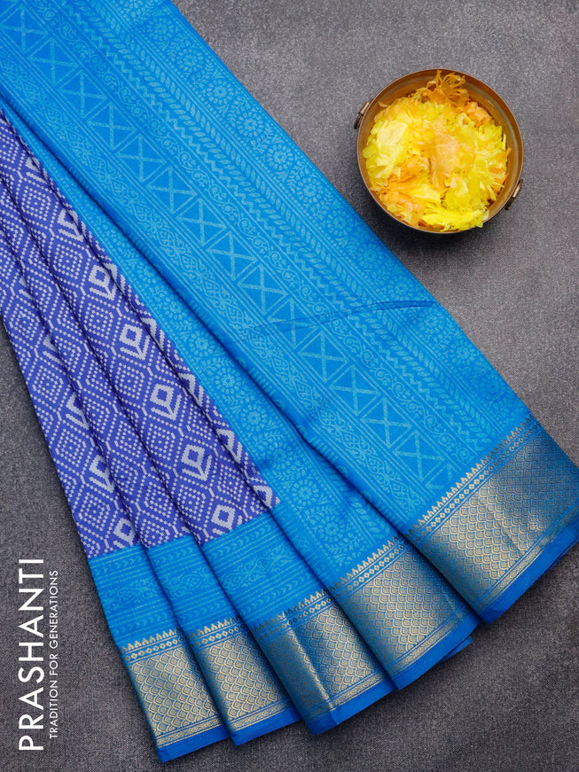 Semi tussar saree blue and cs blue with allover ikat weaves and zari woven border