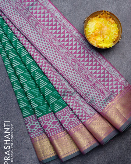 Semi tussar saree green and dual shade of purple with allover geometric prints and zari woven border