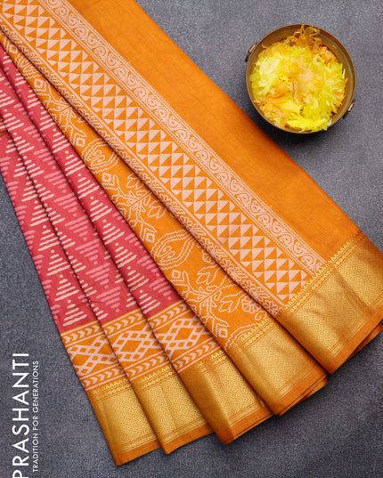 Semi tussar saree dual shade of pink and dark mustard with allover geometric prints and zari woven border