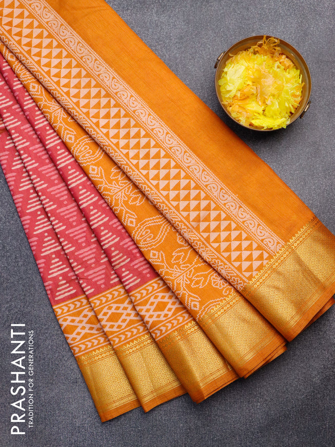 Semi tussar saree dual shade of pink and dark mustard with allover geometric prints and zari woven border