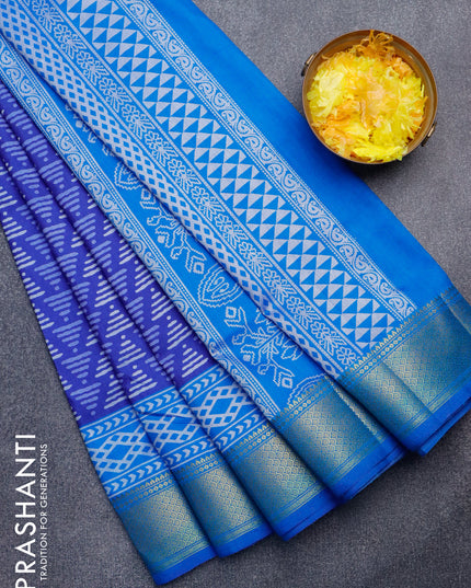 Semi tussar saree blue and cs blue with allover geometric prints and zari woven border
