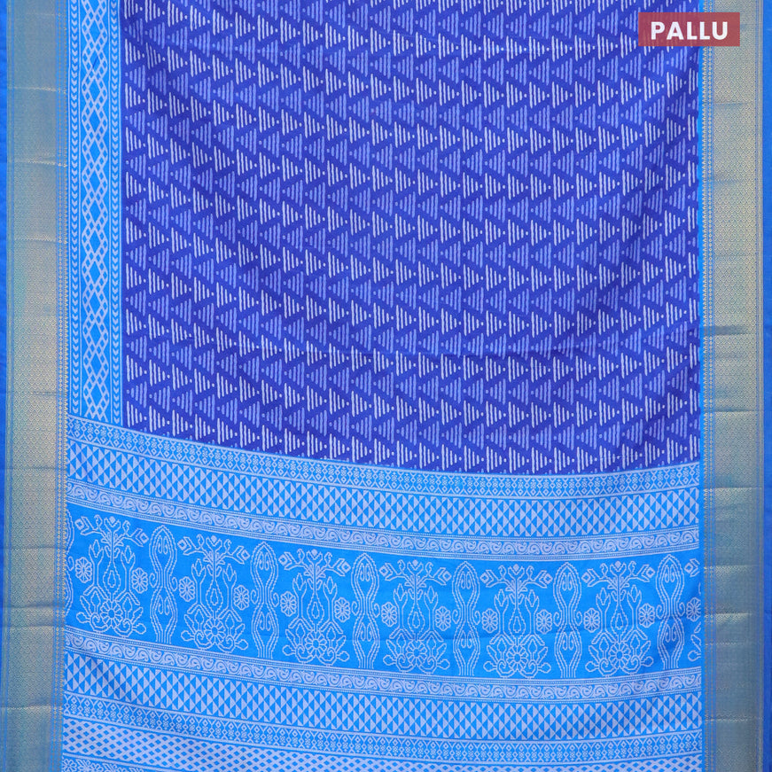 Semi tussar saree blue and cs blue with allover geometric prints and zari woven border