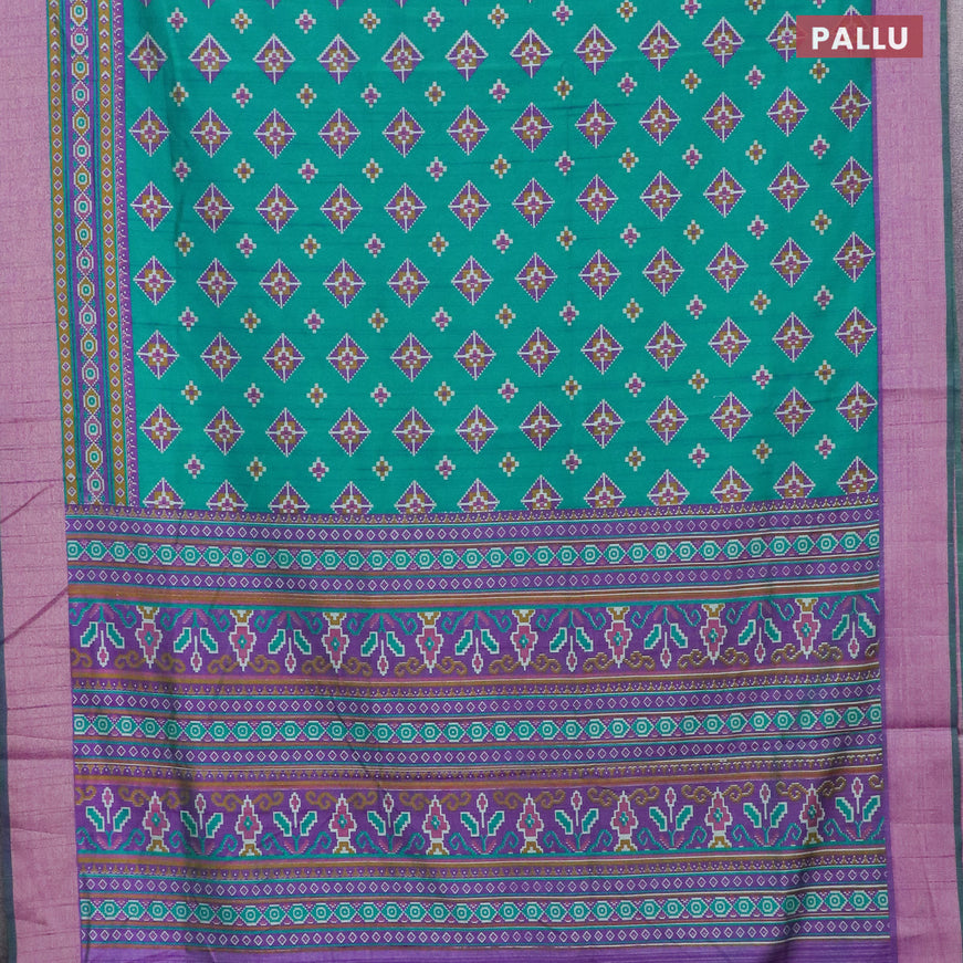 Semi tussar saree teal green shade and purple with allover geometric prints and zari woven border