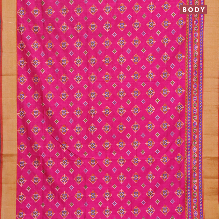 Semi tussar saree pink and dark mustard with allover geometric prints and zari woven border