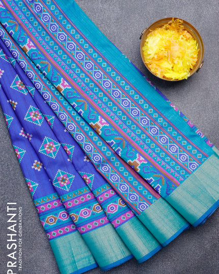 Semi tussar saree royal blue and teal blue with allover geometric prints and zari woven border