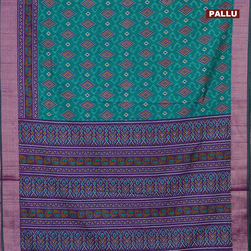 Semi tussar saree teal bluish green and purple with allover ikat weaves and zari woven border