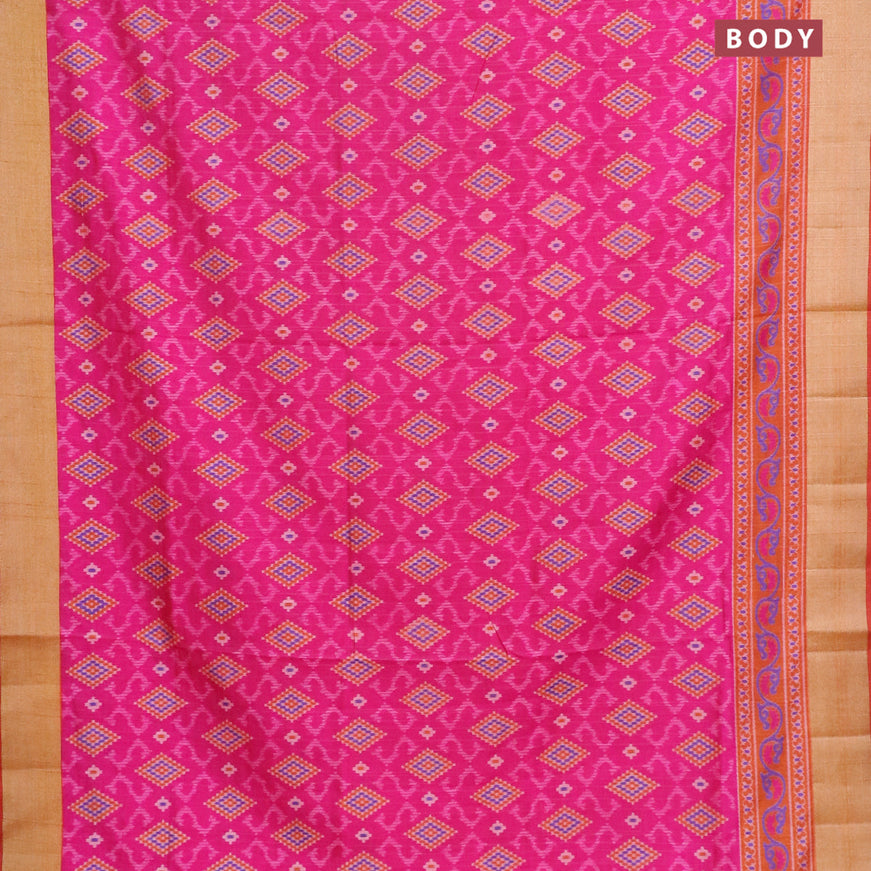Semi tussar saree pink and dark mustard with allover ikat weaves and zari woven border