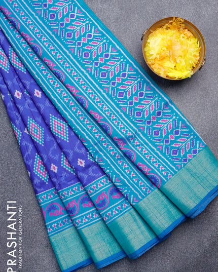 Semi tussar saree blue and teal bluish green with allover ikat weaves and zari woven border