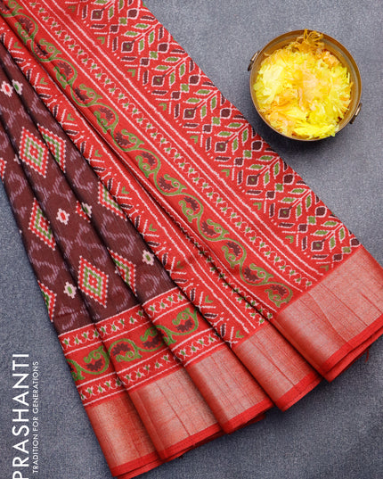 Semi tussar saree deep maroon and red with allover ikat weaves and zari woven border