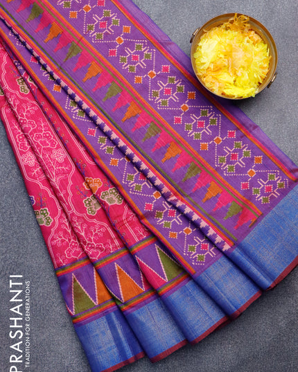Semi tussar saree pink and dual shade of purple with allover floral prints and zari woven border
