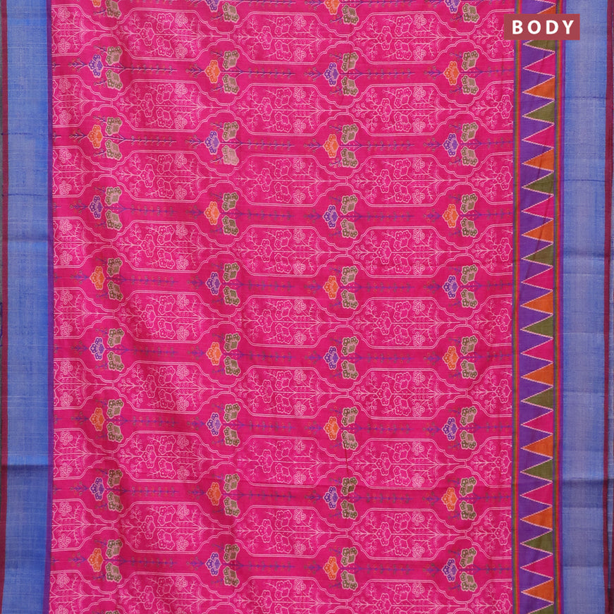 Semi tussar saree pink and dual shade of purple with allover floral prints and zari woven border