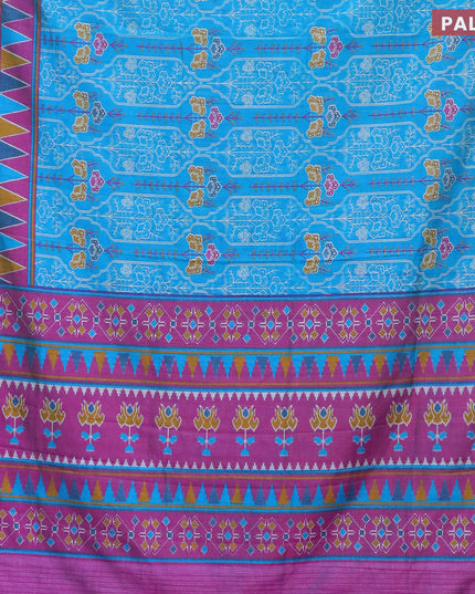 Semi tussar saree teal blue and purple with allover floral prints and zari woven border