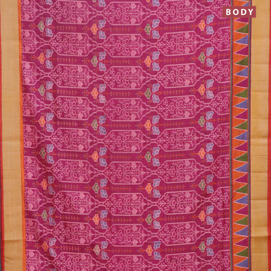 Semi tussar saree dark magenta and rust shade with allover floral prints and zari woven border