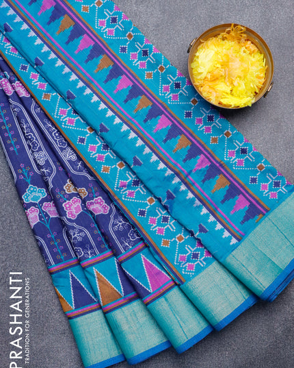 Semi tussar saree navy blue and teal blue with allover floral prints and zari woven border
