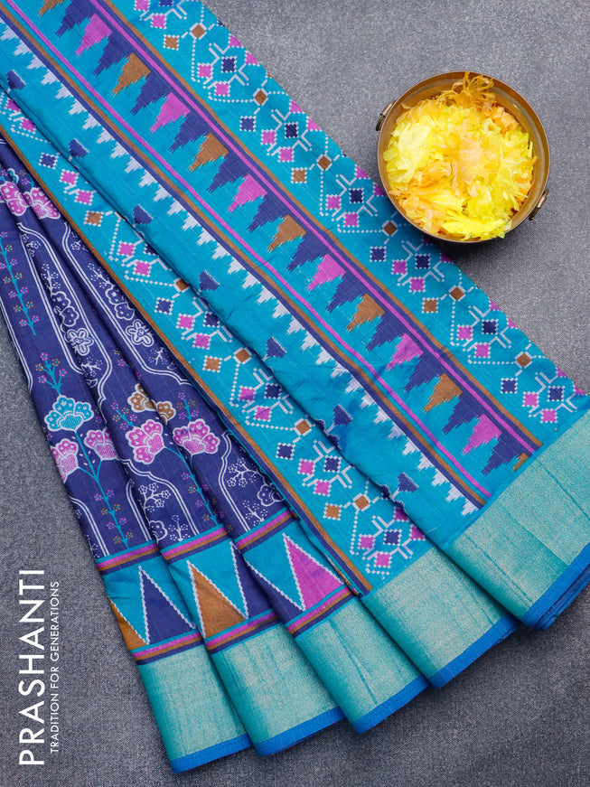 Semi tussar saree navy blue and teal blue with allover floral prints and zari woven border