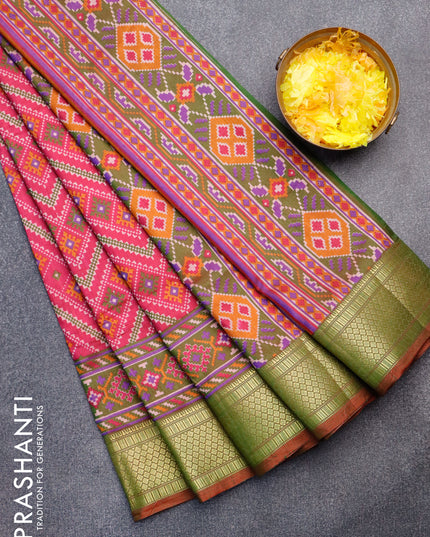 Semi tussar saree dark pink and dual shade of green with allover ikat weaves and zari woven border