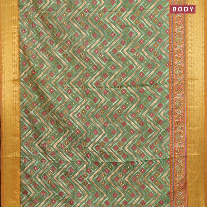 Semi tussar saree green shade and dark mustard with allover ikat weaves and zari woven border