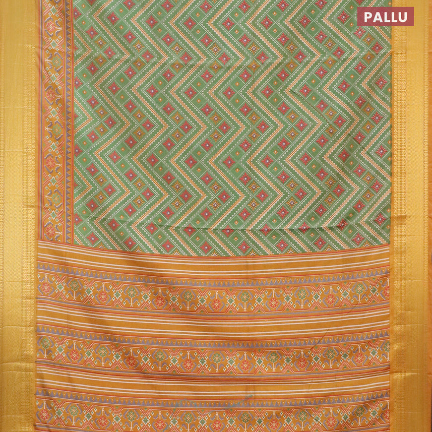 Semi tussar saree green shade and dark mustard with allover ikat weaves and zari woven border